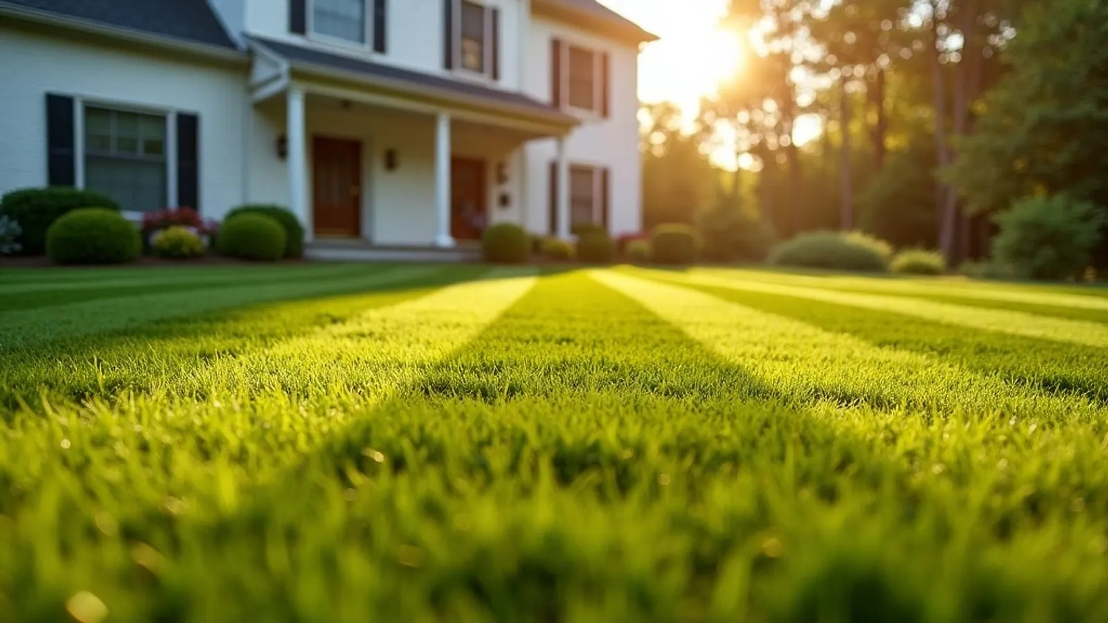 A freshly mowed, striped green lawn in front of a suburban home at golden hour