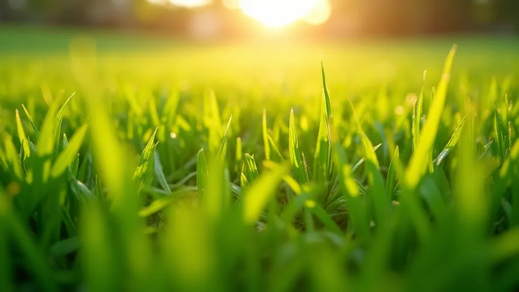 Close-up of a freshly mowed striped lawn backlit at golden hour