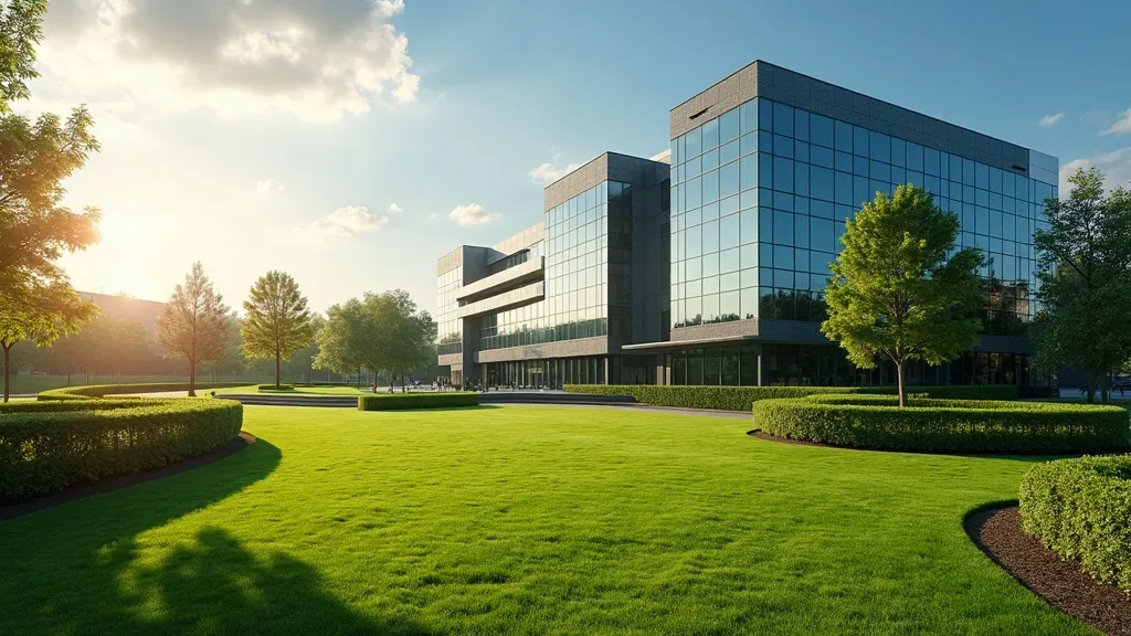 Manicured grounds in front of a modern glass commercial office building at golden hour