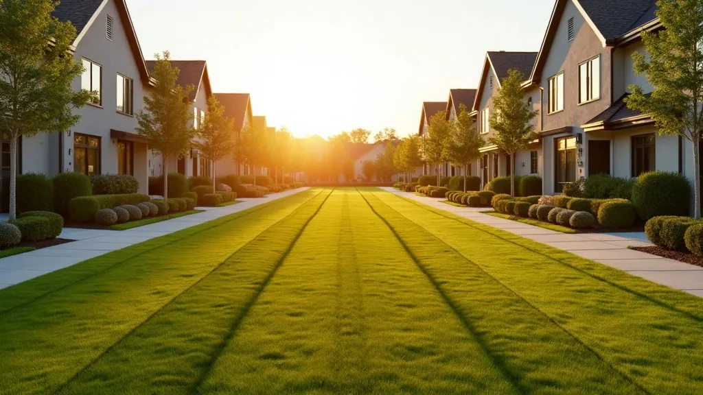 Manicured common-area lawns in an upscale HOA townhome community at golden hour